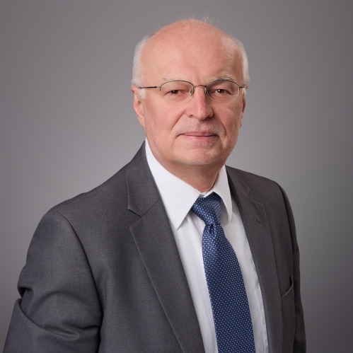 Headshot of male with grey hair and eyeglasses, wearing a grey suit, white shirt, and blue patterned tie.