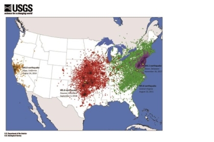 Map of the United States with green and red areas indicating earthquake impact in the Northeast and Mid Atlantic.